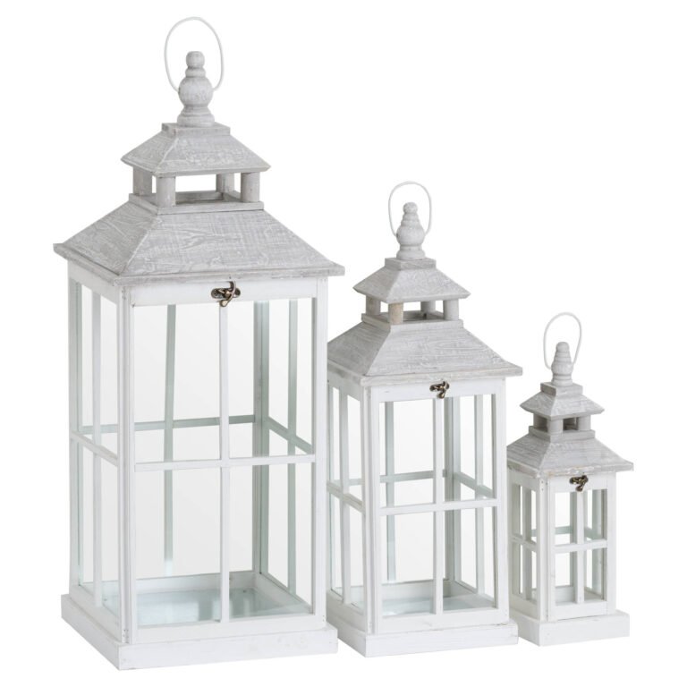 white set of 3 white window style lanterns with open top