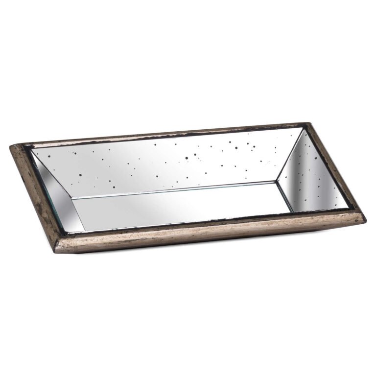 natural distressed mirrored display tray with wooden detailing