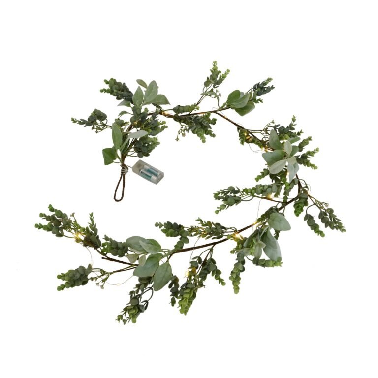 natural led winter garland with eucalyptus and lambs ear