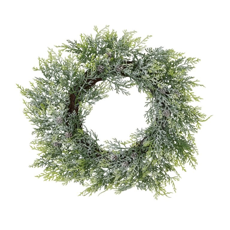 frosted frosted pine wreath with pinecones