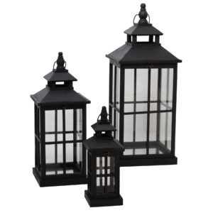 black set of 3 black window style lanterns with open top