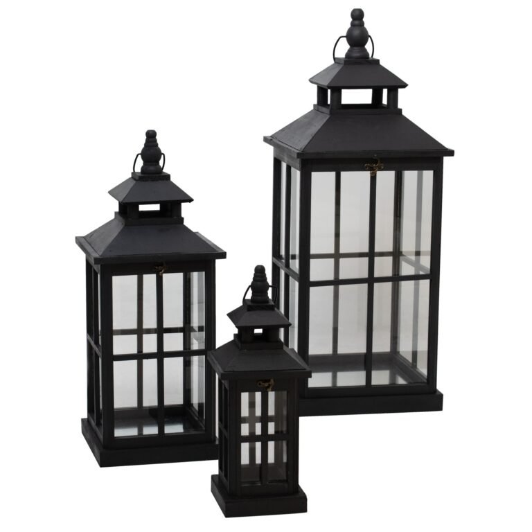 black set of 3 black window style lanterns with open top