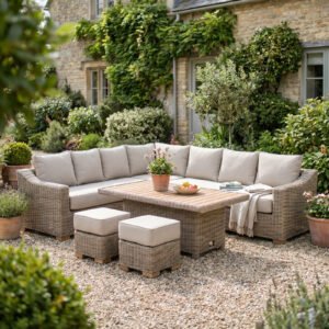 natural salcombe outdoor large corner set with riser table 2 stools