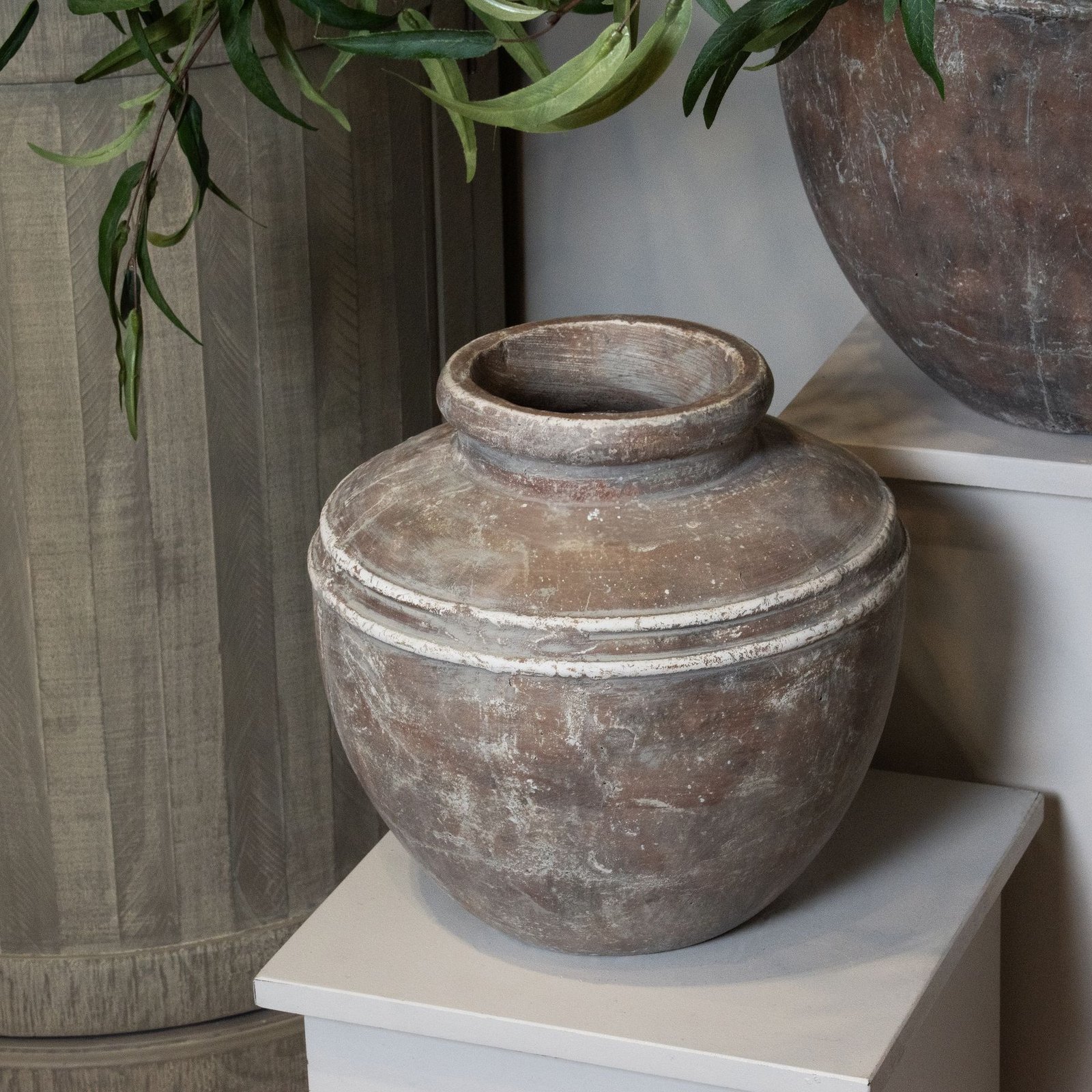 Aged Brown Ceramic Urn Vase - Image 5