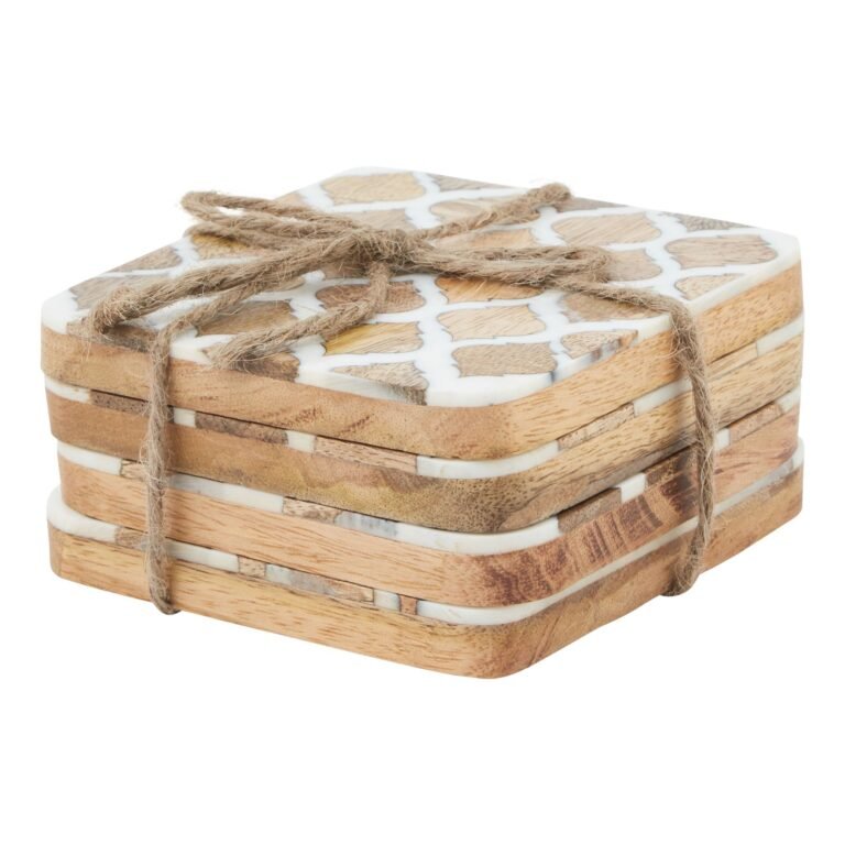 white set of 4 wood effect white geometric coasters
