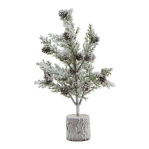 snowy small snowy fir tree with pinecones in wood log