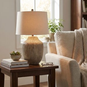 textured table lamp with linen shade