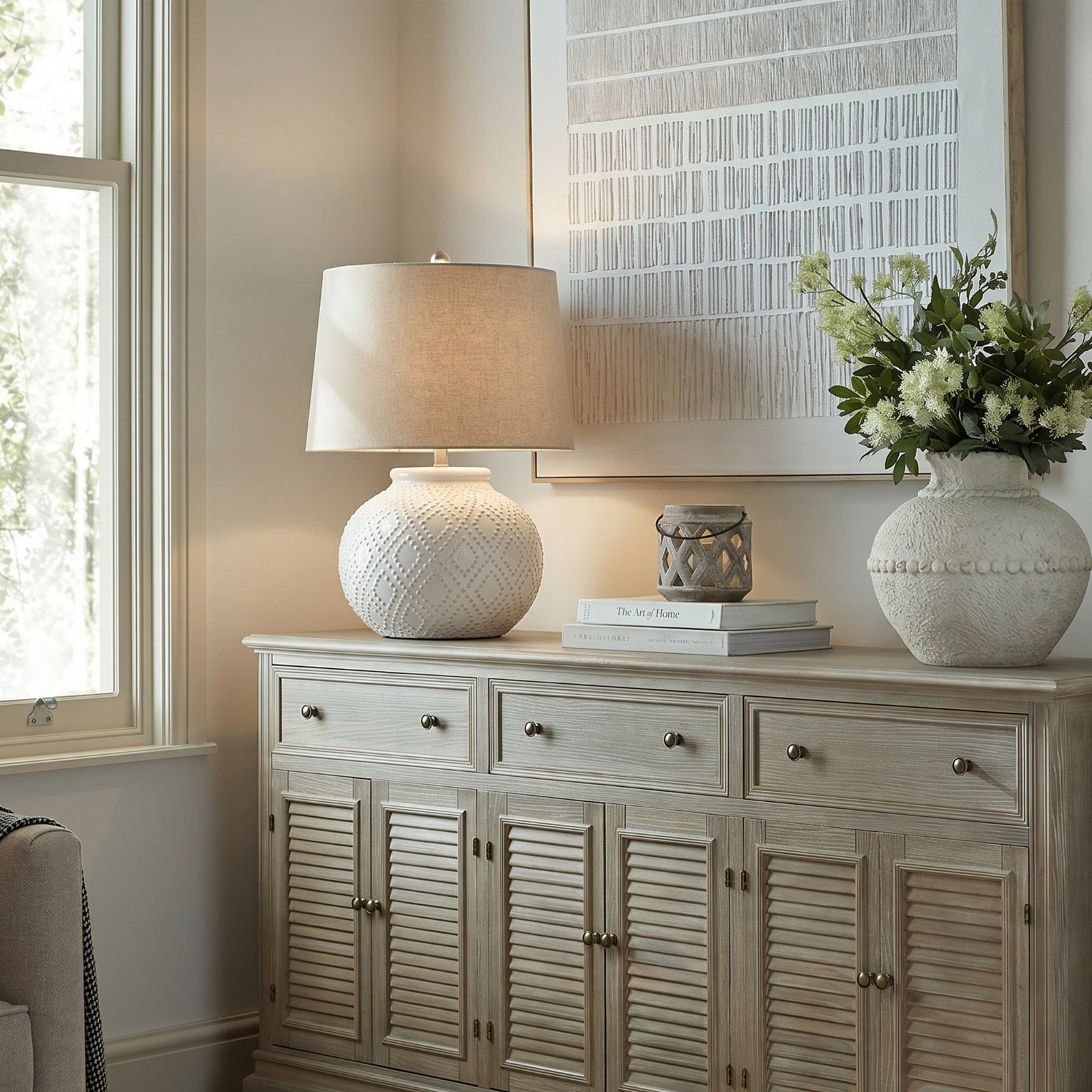 White Beaded Ceramic Table Lamp with Linen Shade - Image 3