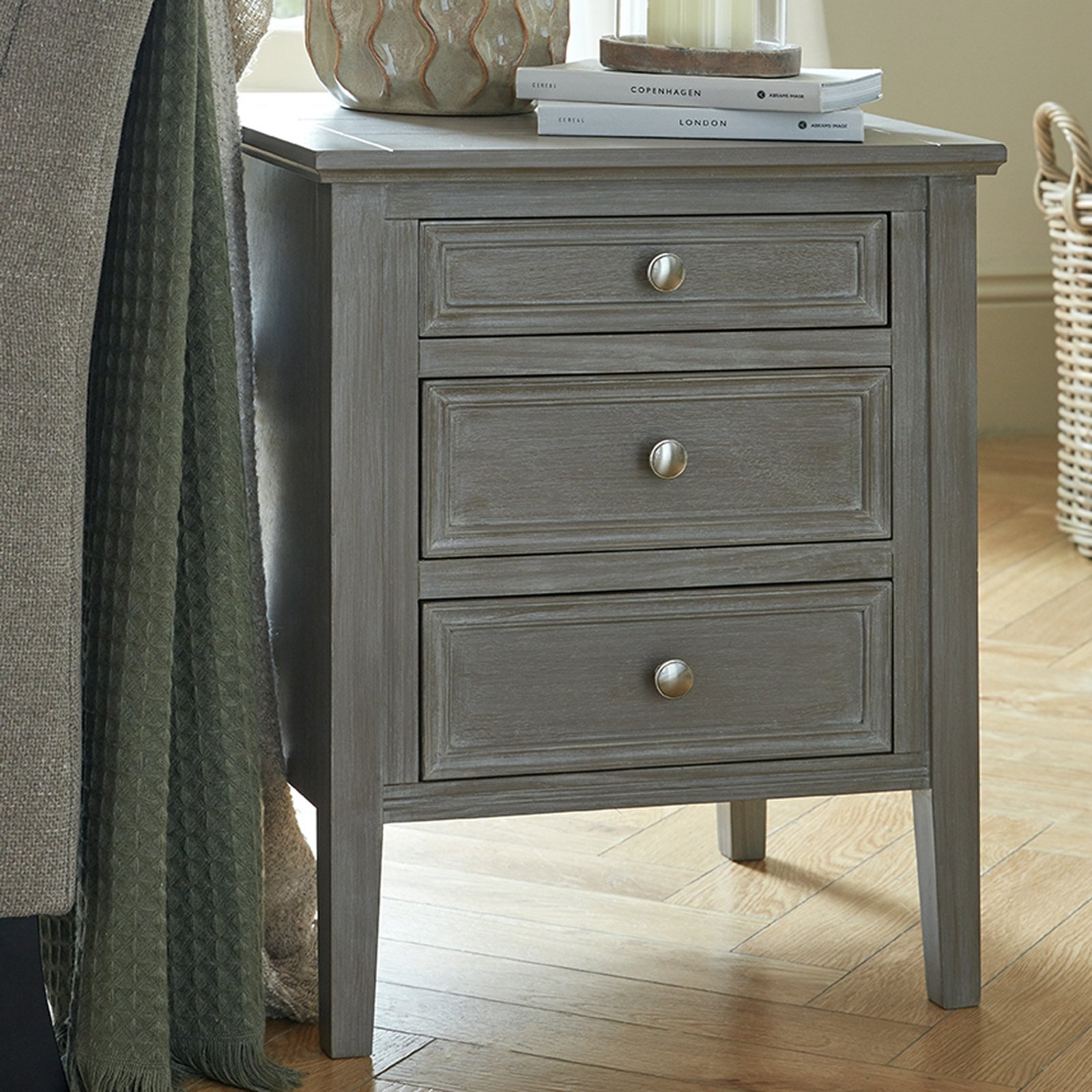 Distressed Grey Three Drawer Bedside Table - Image 5
