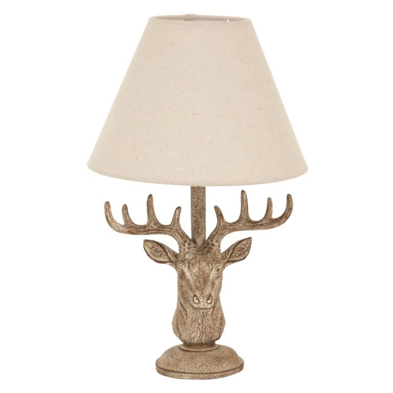 natural stag head table lamp with linen shade product