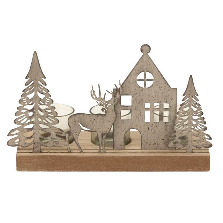 tan rustic metal scene tealight on wood stand with glass votives product image