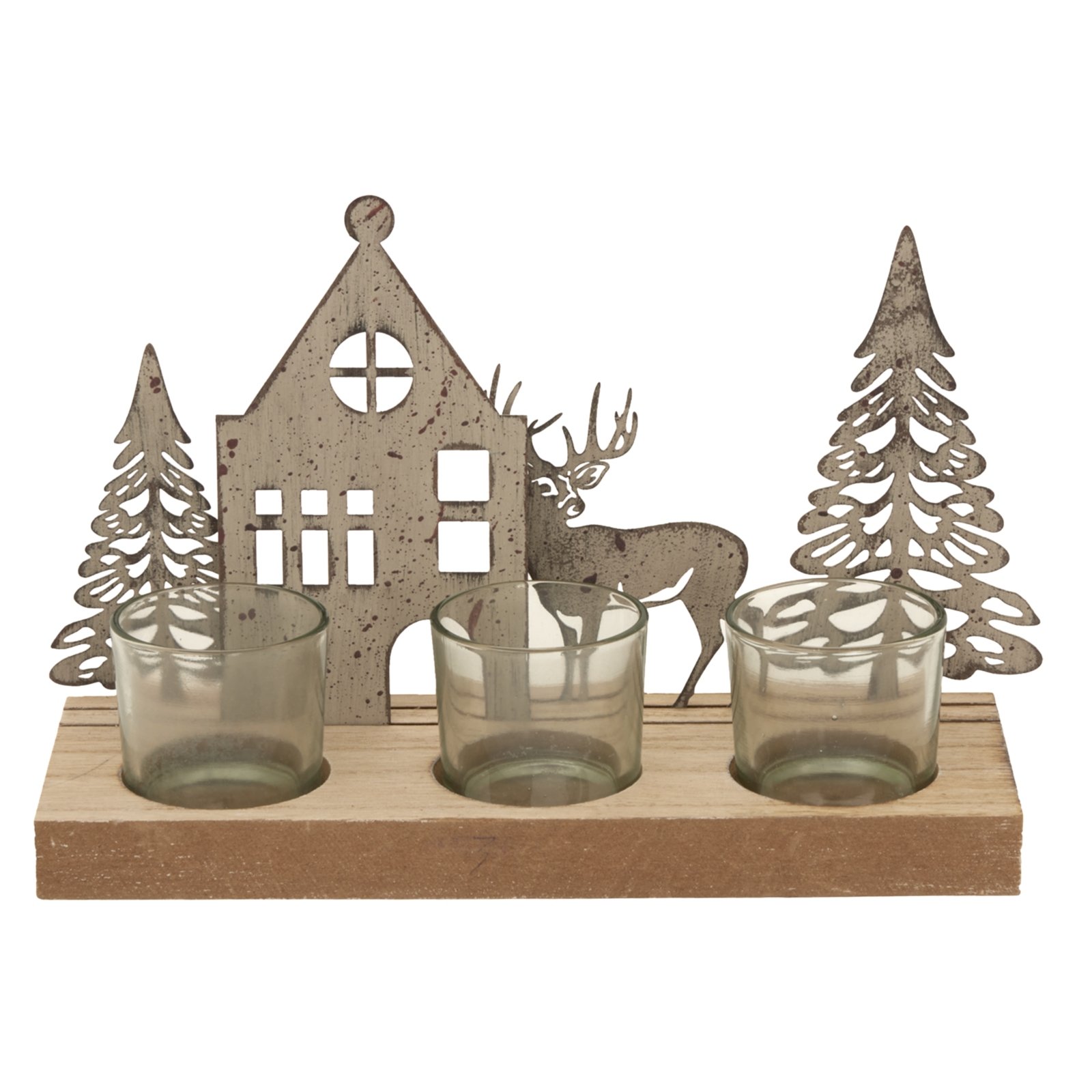Rustic Metal Scene Tealight On Wood Stand With Glass Votives - Image 2