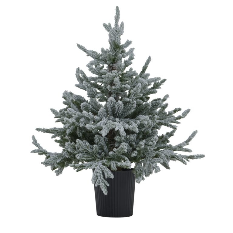 snowy pre-lit christmas tree in pot