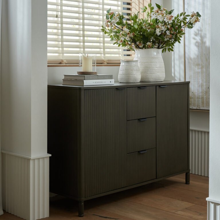 reeded three drawer storage cabinet for home styling