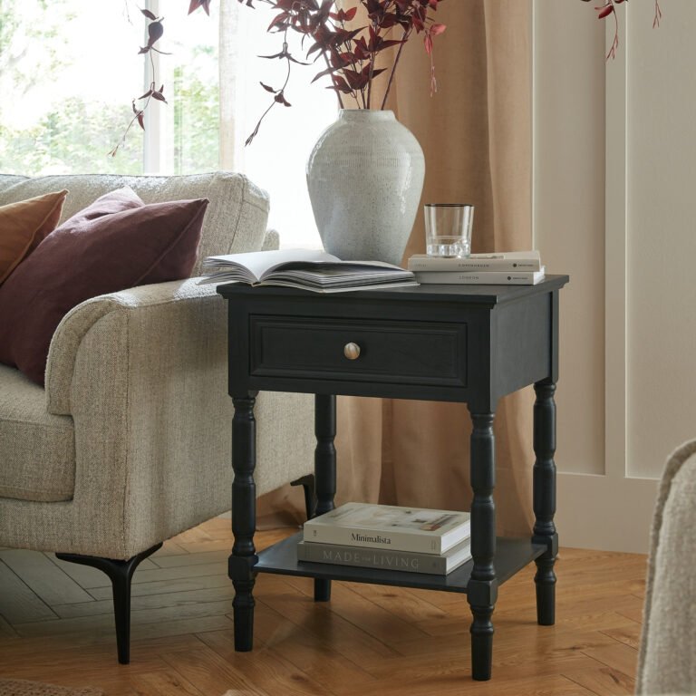 black wooden side table with drawer