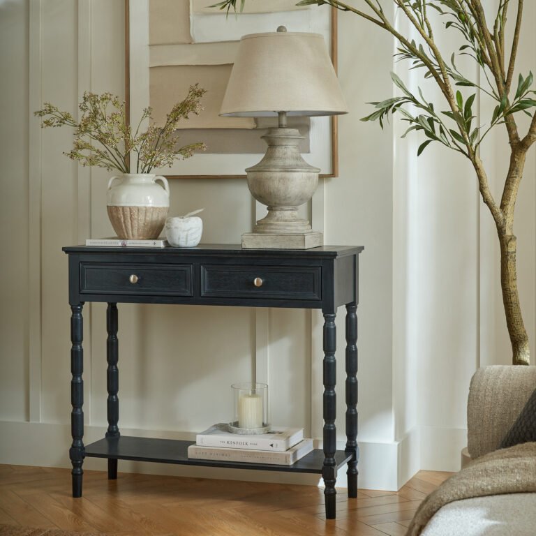 black wooden console table with drawers