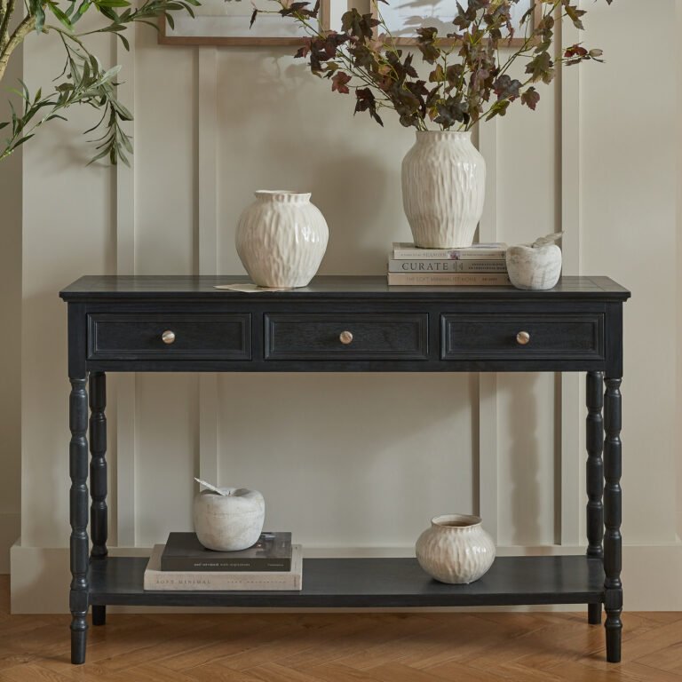 wrenford three drawer console table for home styling