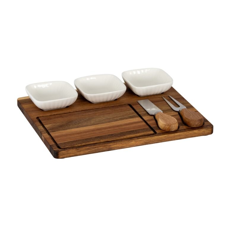 Acacia Cheese Board Set with White Bowls