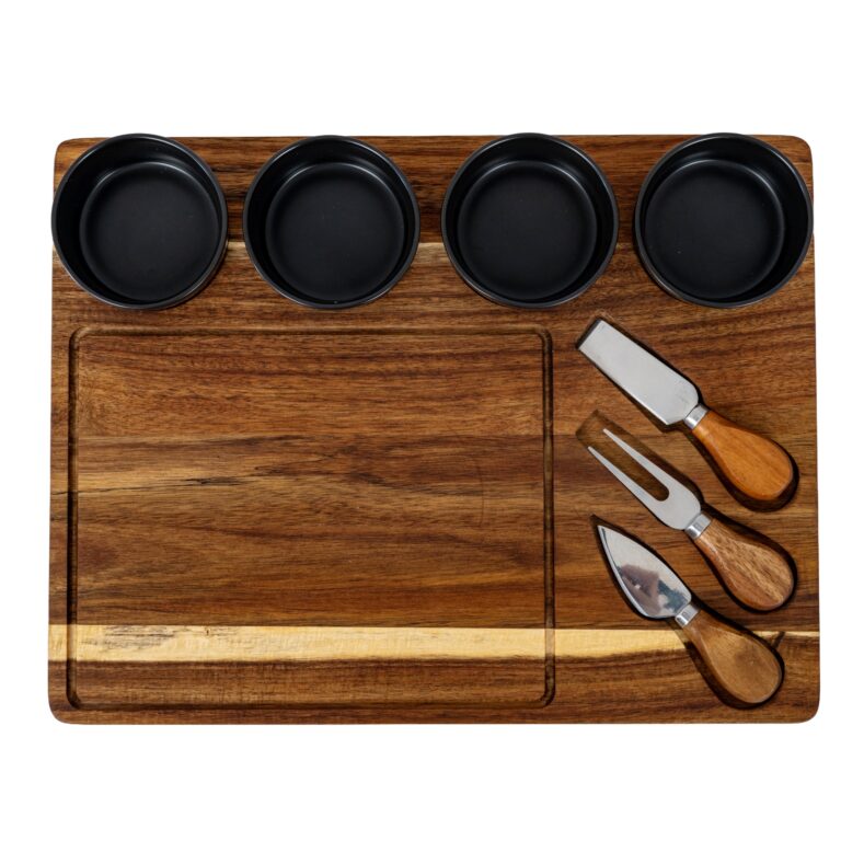 Acacia Cheese Board Set with Grey Ceramic Bowls & Cutlery