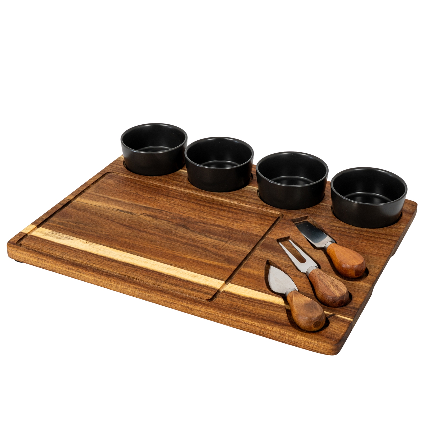 Acacia Cheese Board Set with Grey Ceramic Bowls & Cutlery