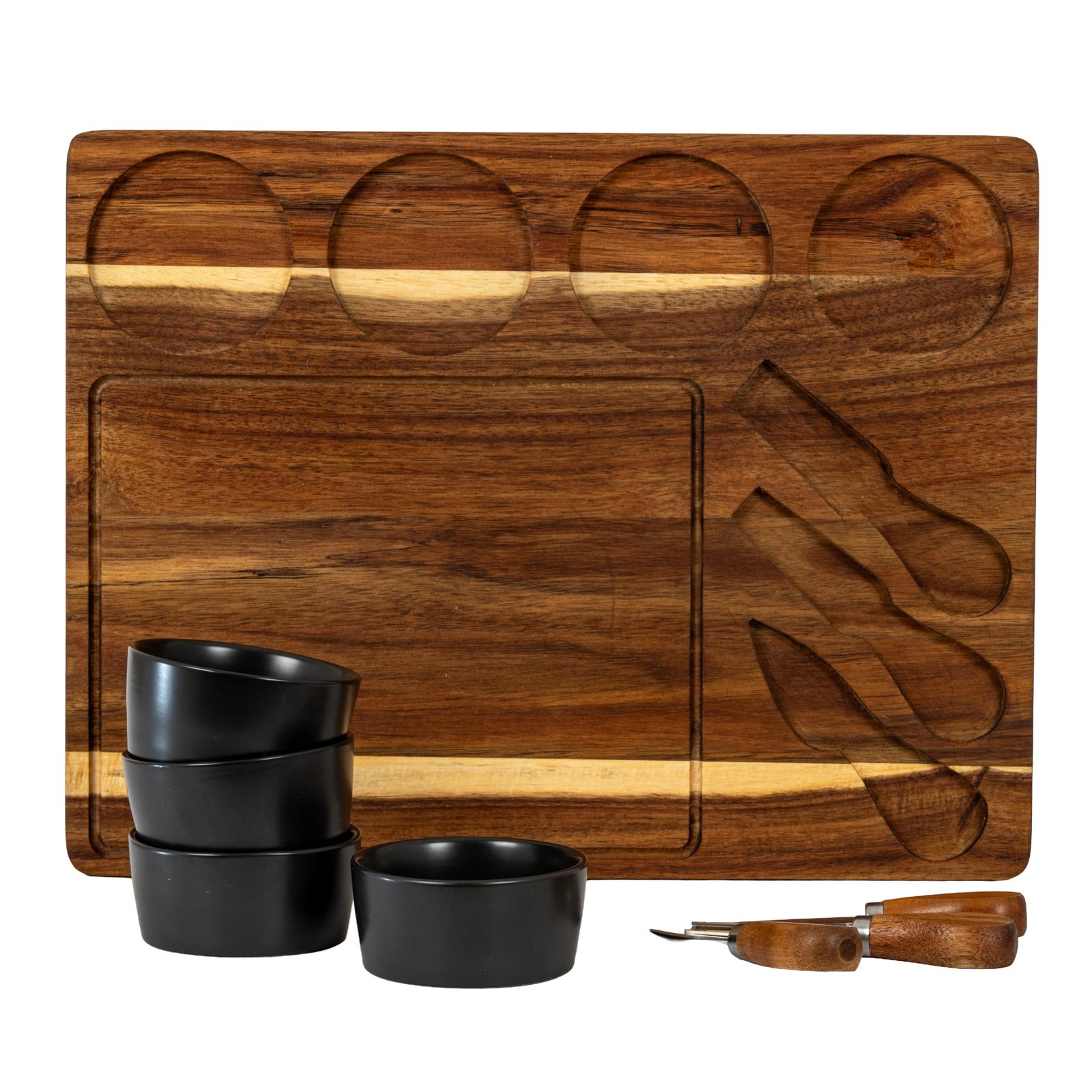 Acacia Cheese Board Set with Grey Ceramic Bowls & Cutlery