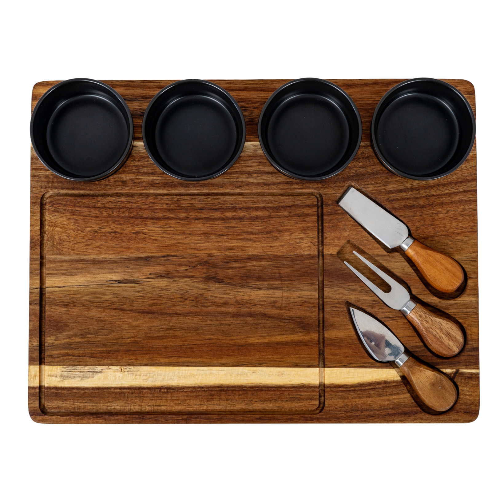 Acacia Cheese Board Set with Grey Ceramic Bowls & Cutlery