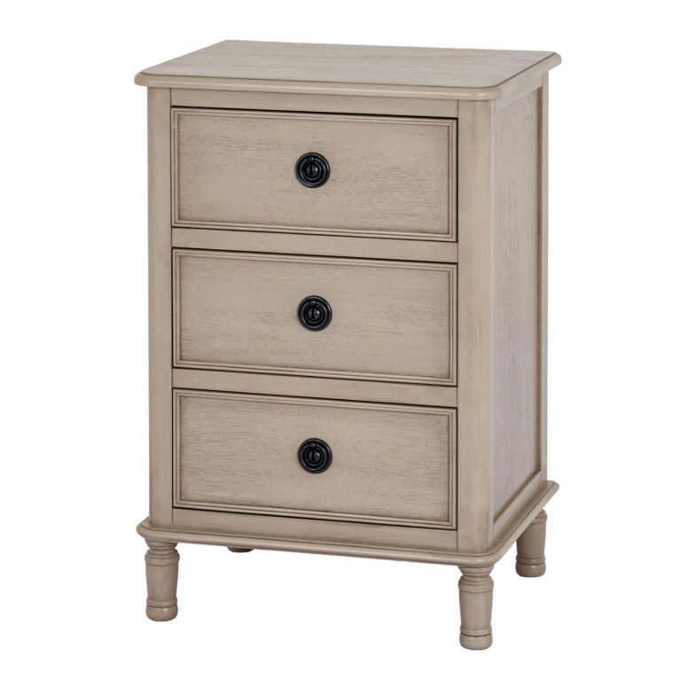 3 Drawer Bedside Table – country-style storage furniture in neutral wood finish