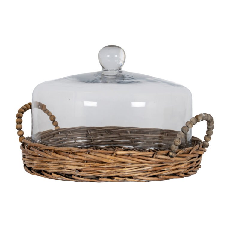 Wicker Tray with Glass Cloche