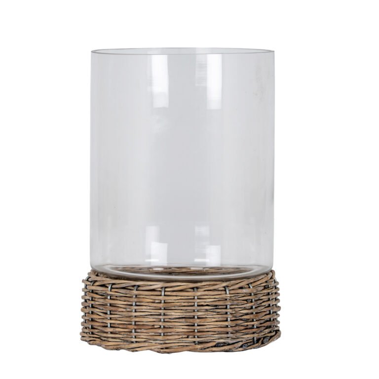Glass Hurricane Lantern with Wicker Tray