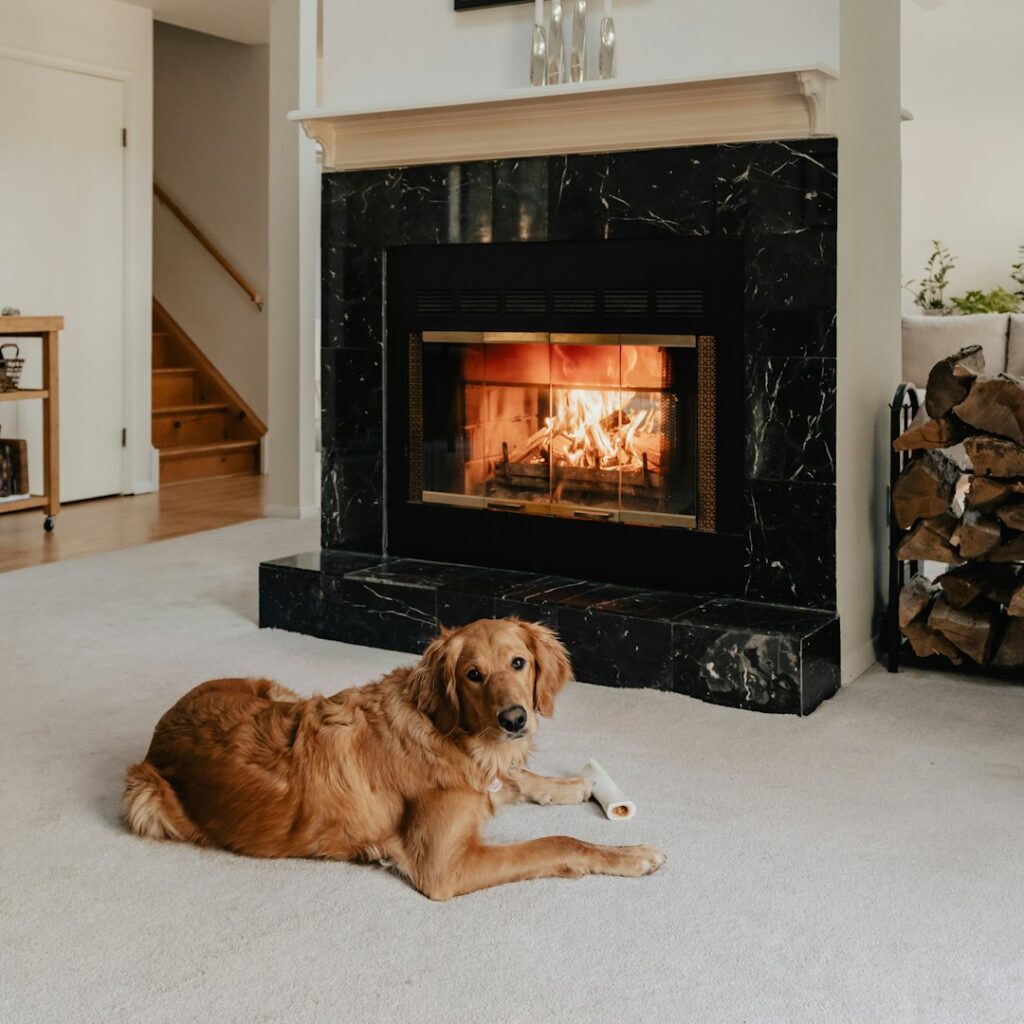 Warm modern country living room with a fireside setting
